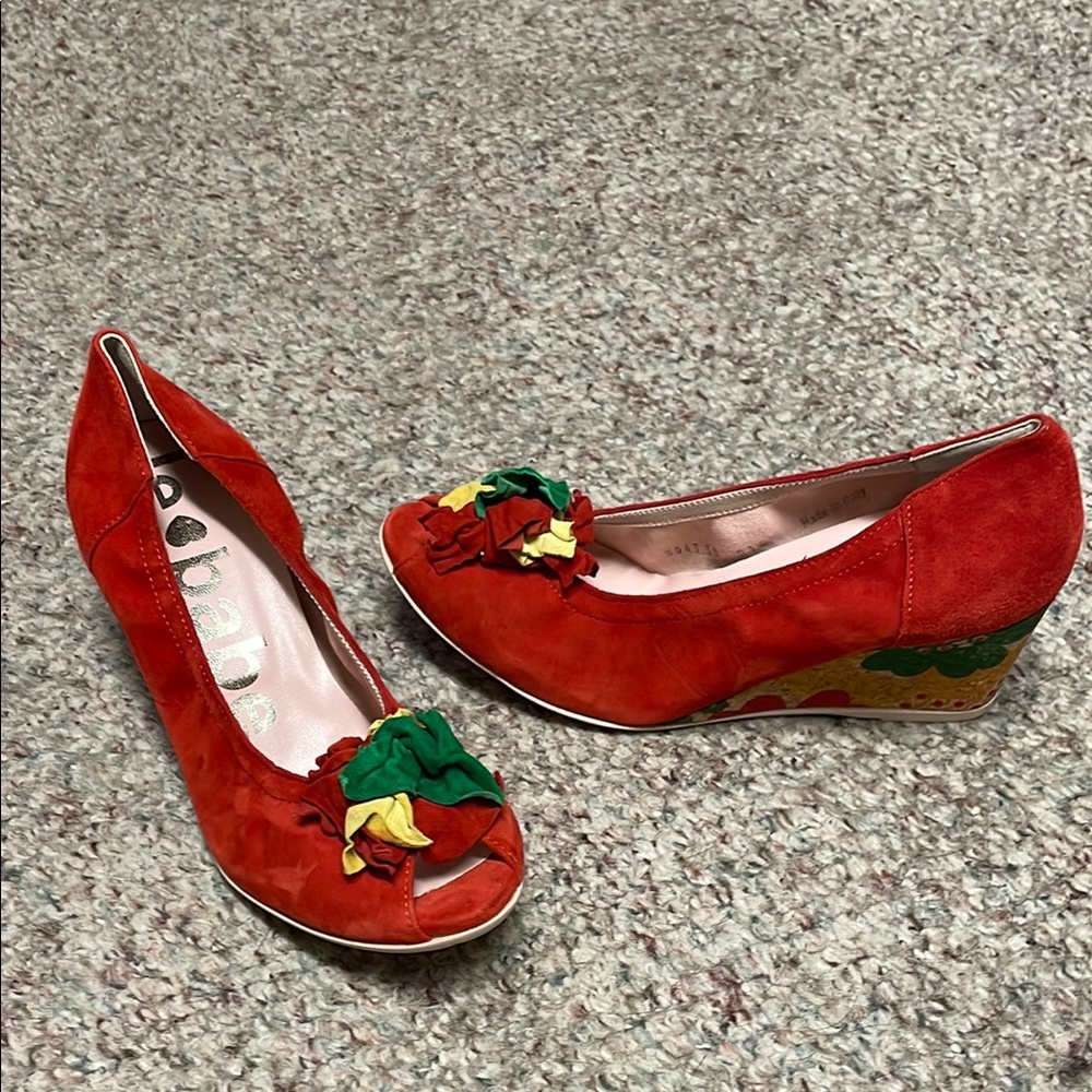 Le Babe Red open toe Wedge Shoes with Floral Detail